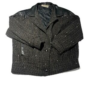 VTG 80's The Jack Set Wool Mix Coat Womens 13 Boucle Bomber Jacket Leather Trim